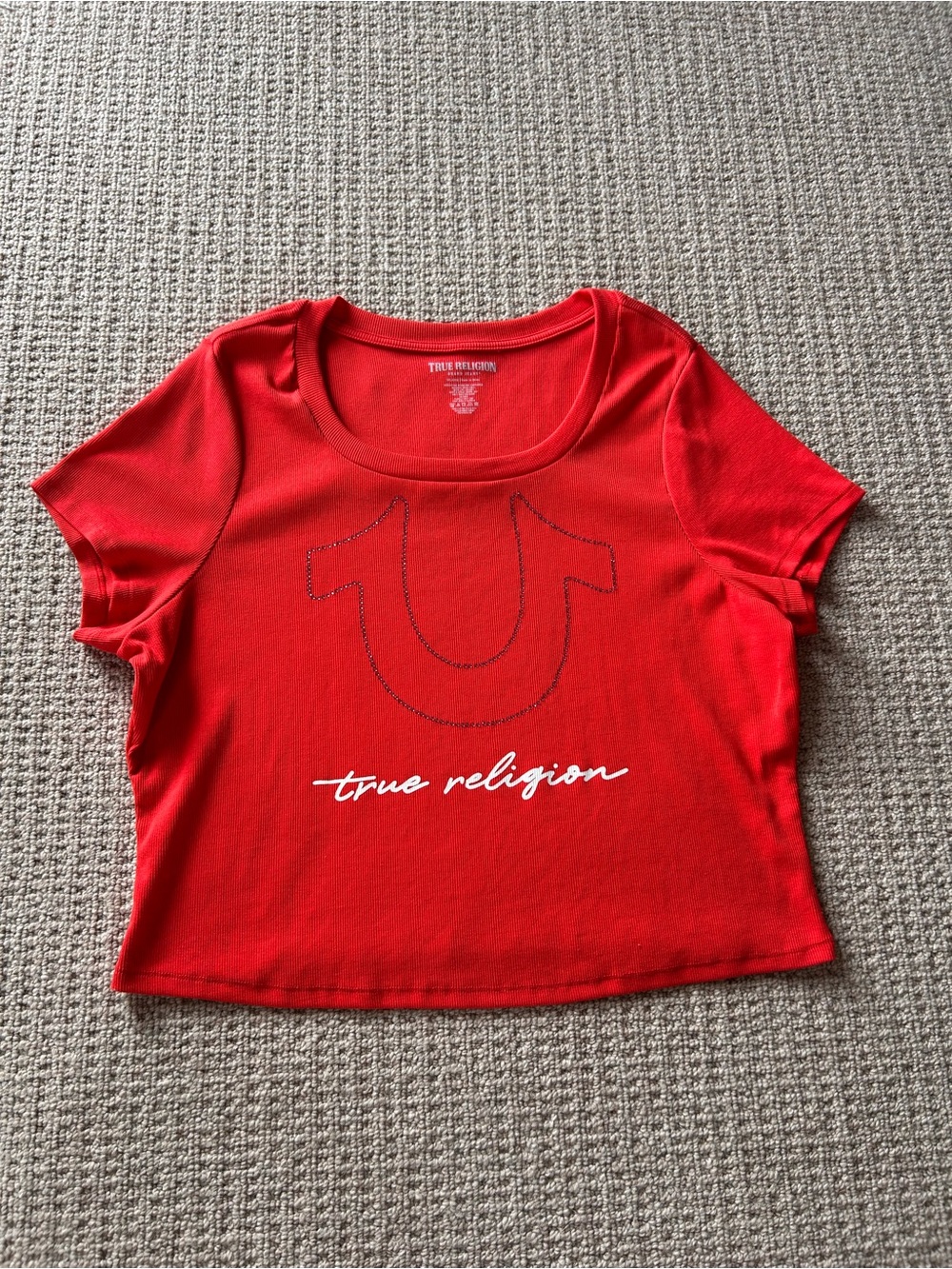 True Religion Red Cropped Scoop Neck Tee with Logo Script